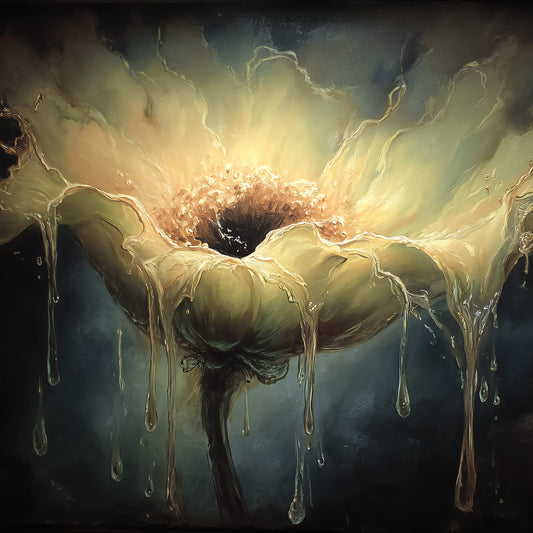 Surreal melting flower art print with dripping golden petals and dark luminous center on moody background