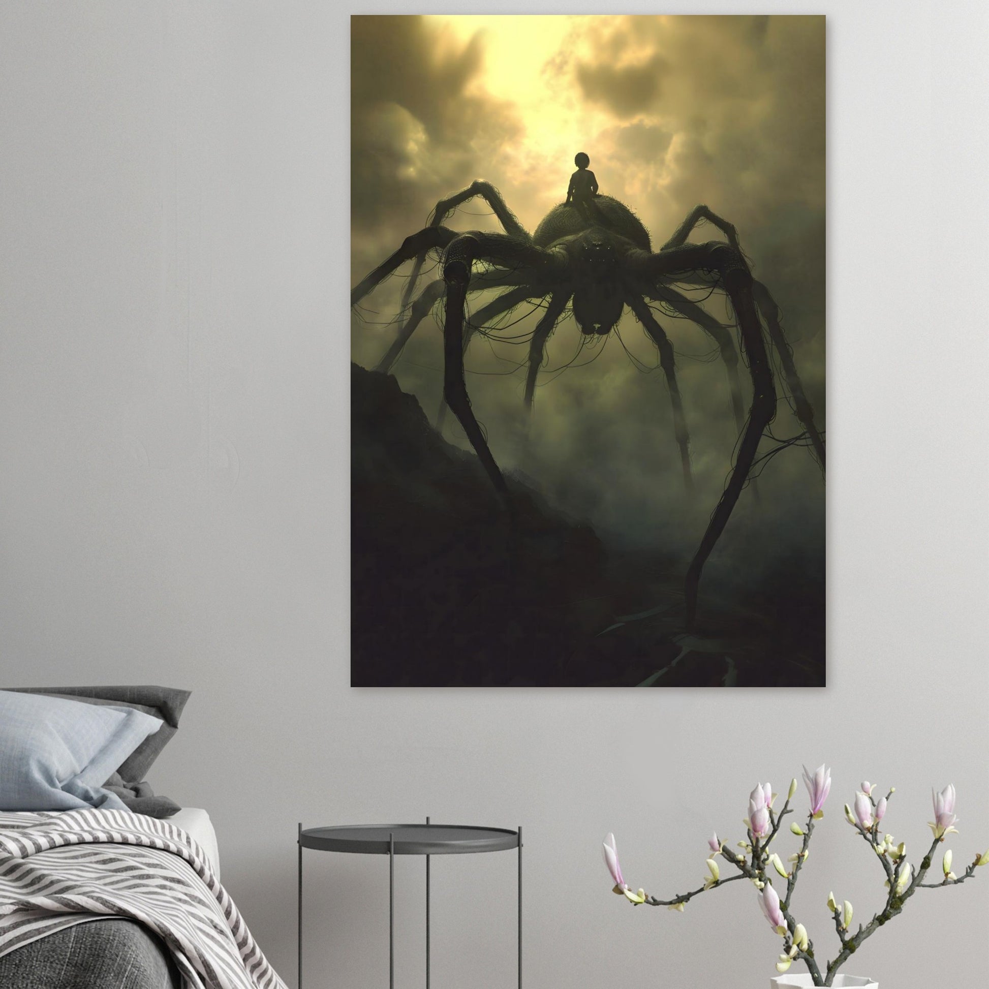 Eerie fog landscape print with giant arachnid and glowing golden sky