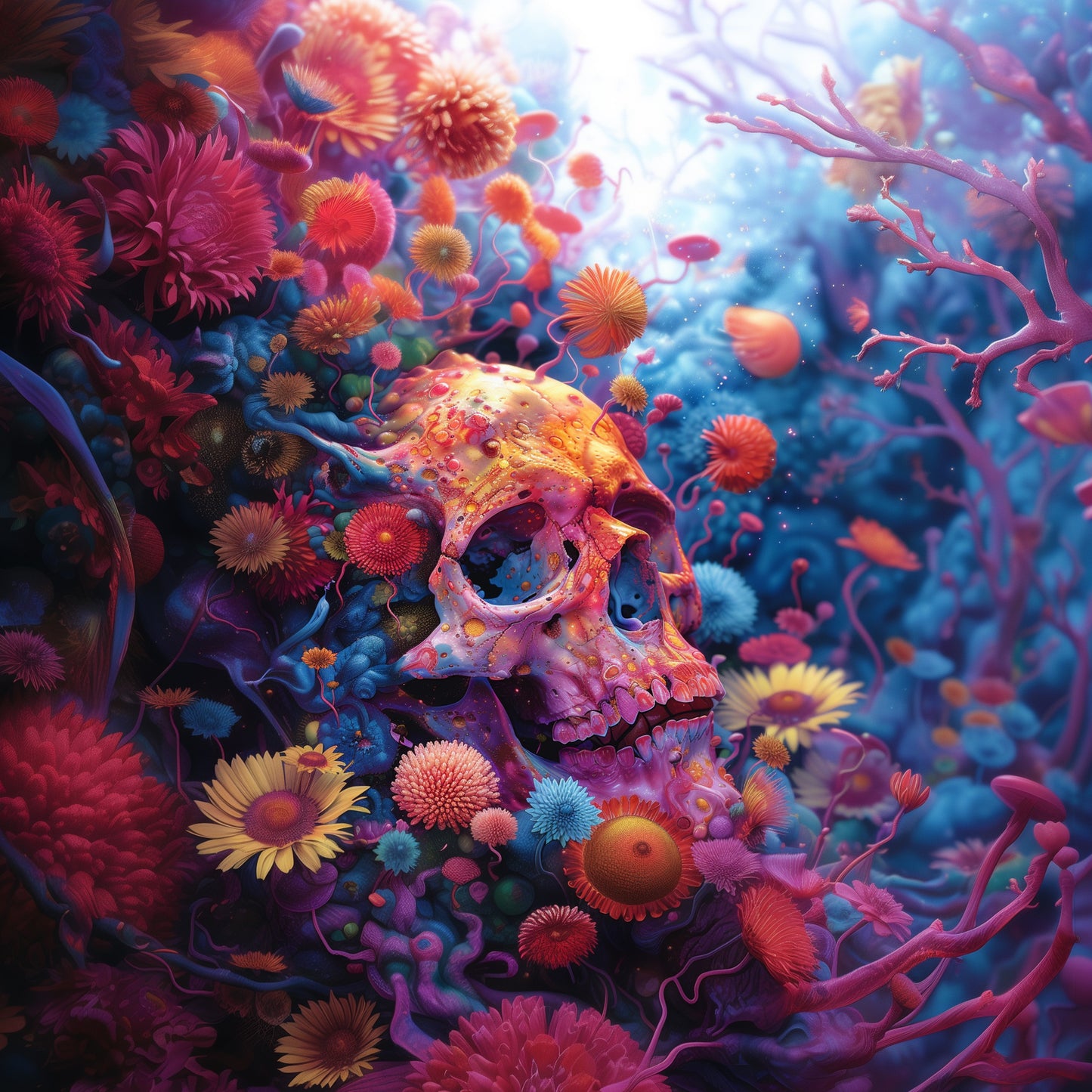 Eerie Floral Skull Art - Vibrant and Radiant Weirdcore Wall Decor