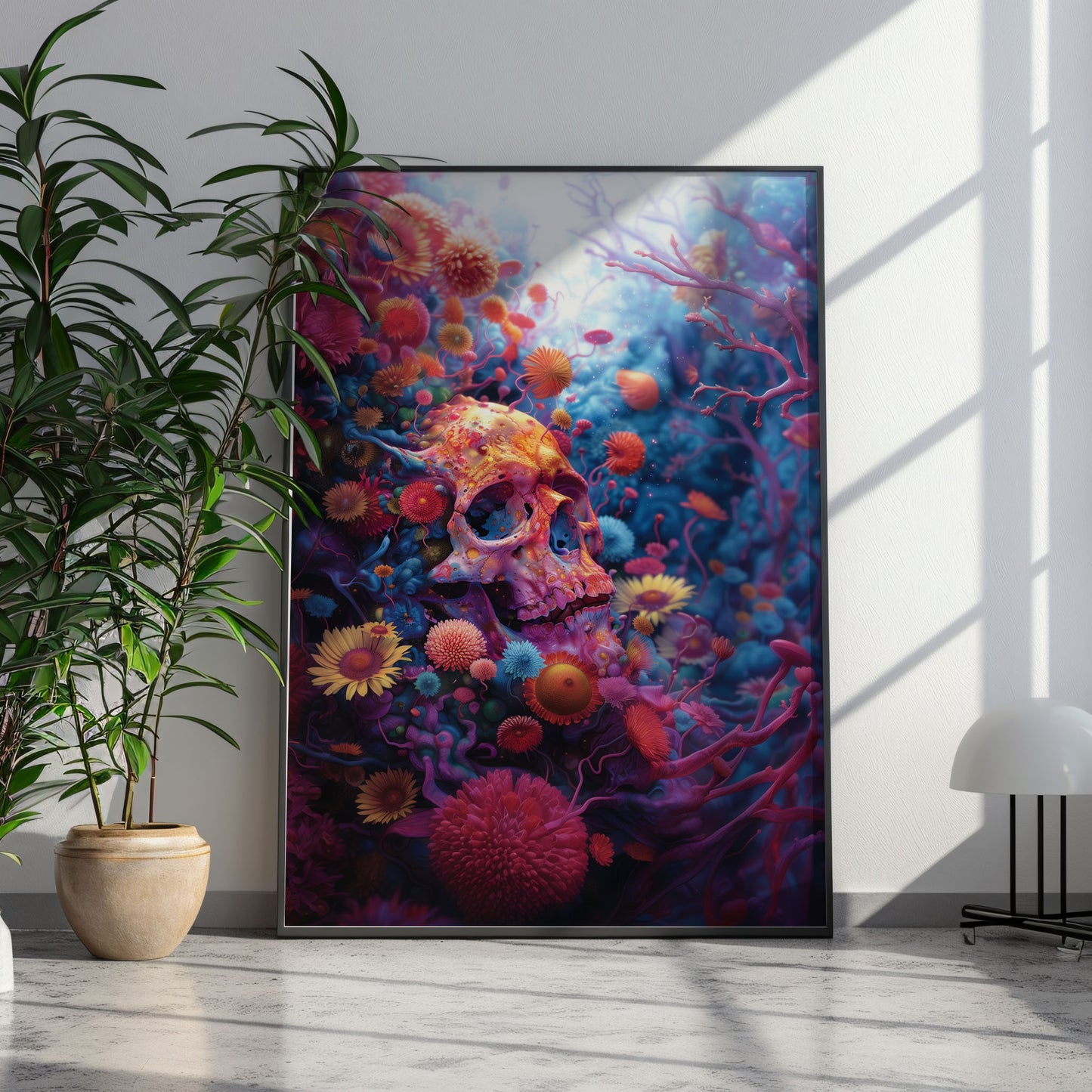 Eerie Floral Skull Art - Vibrant and Radiant Weirdcore Wall Decor