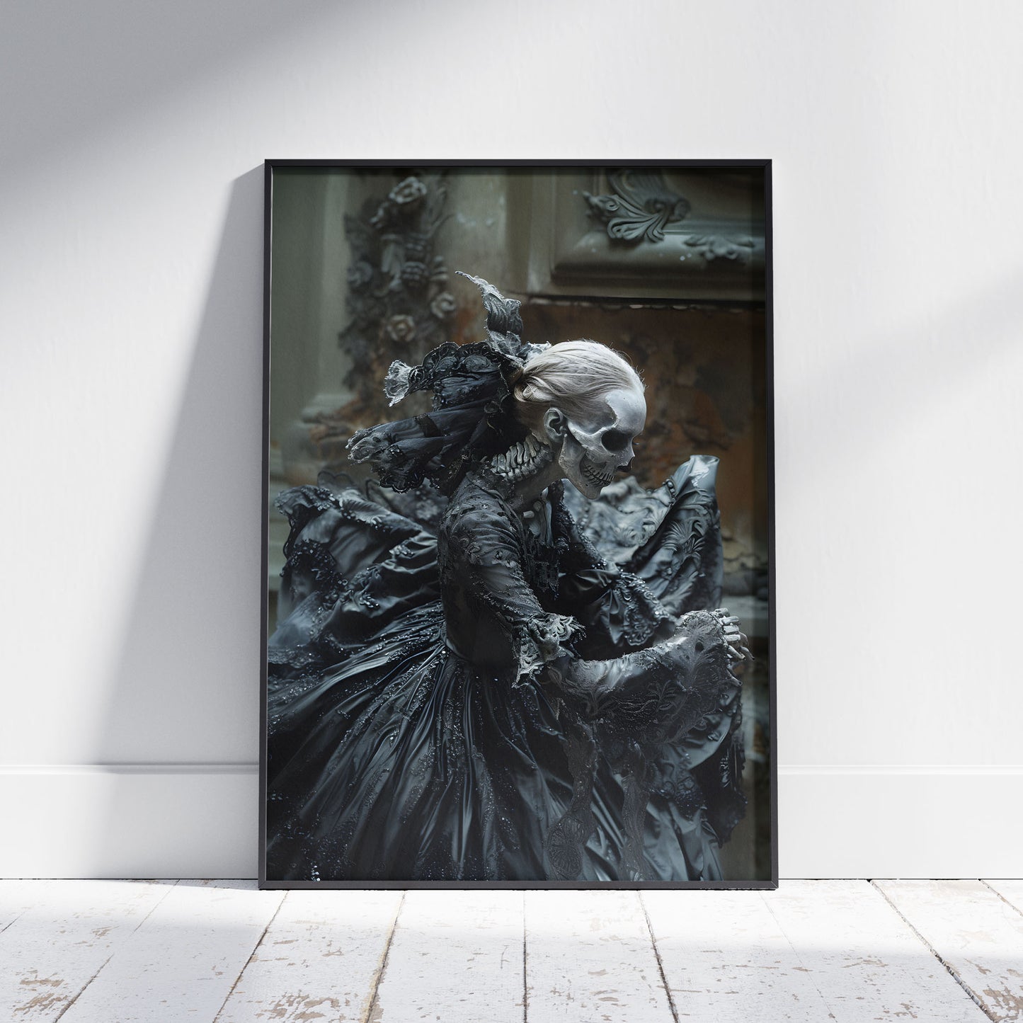 Eerie Gothic Skeletal Beauty Wall Art - Macabre Poster