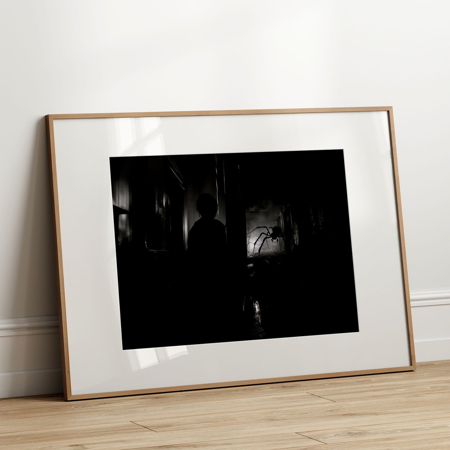 Poster of Boy Observing Giant Spider in the Dark - Gothic Wall Art