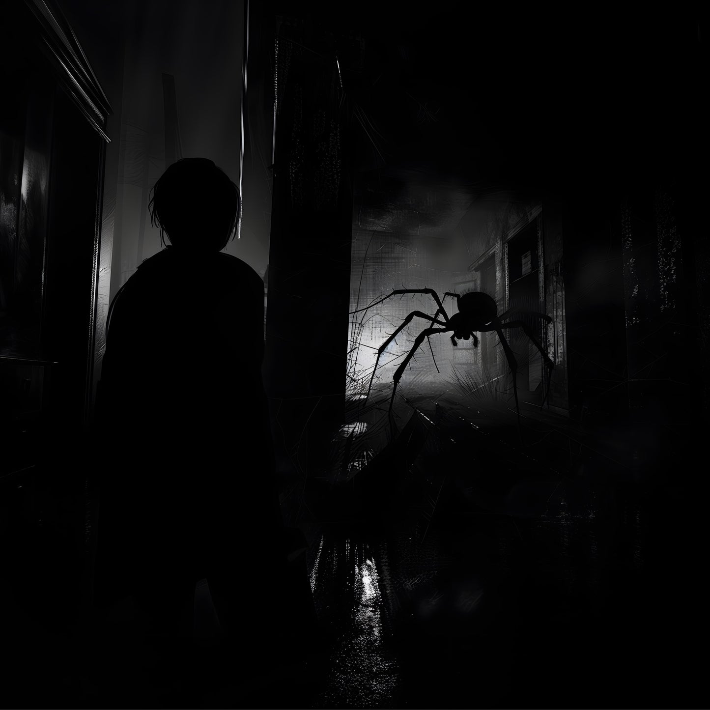 Poster of Boy Observing Giant Spider in the Dark - Gothic Wall Art