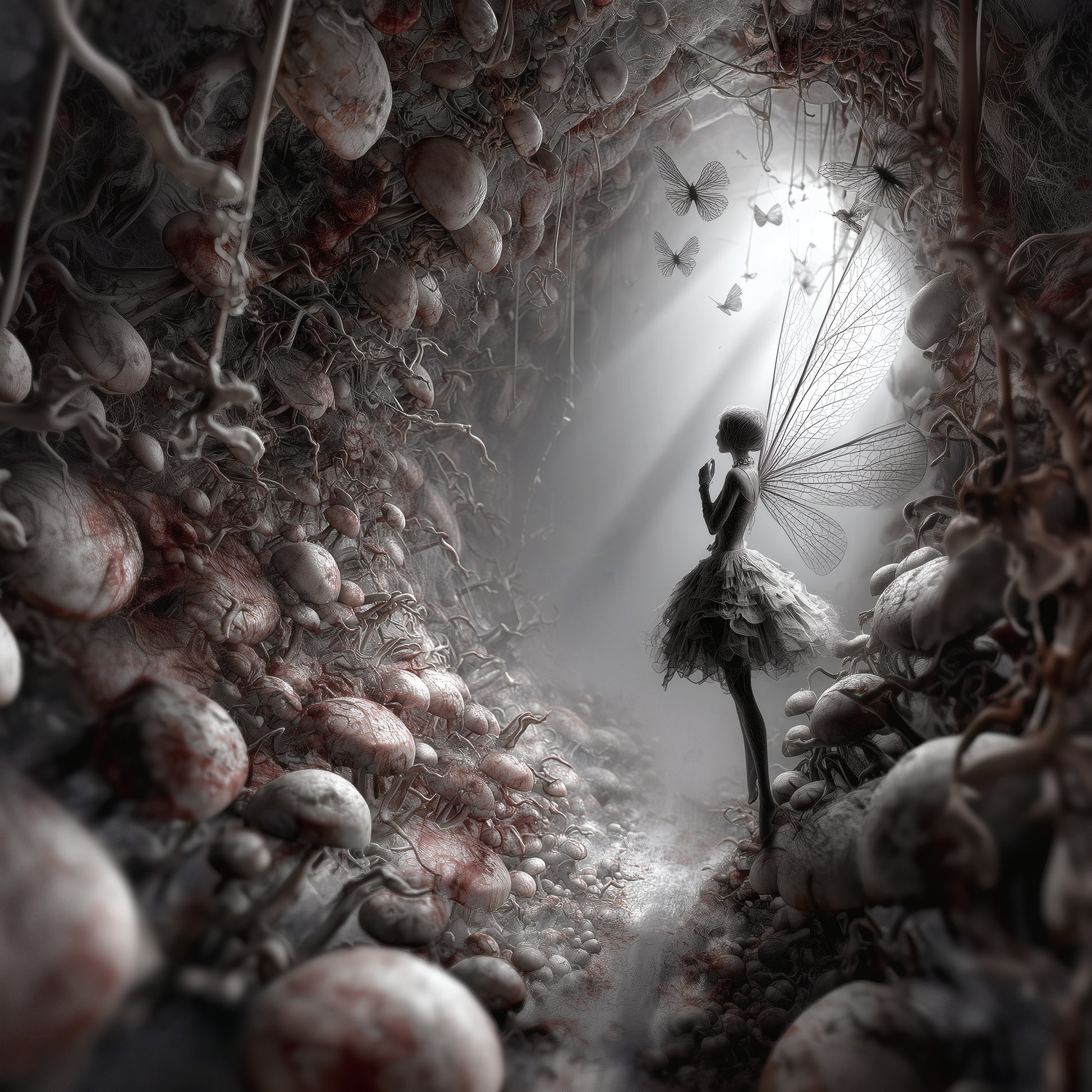 Dark fairy with dragonfly wings standing in tunnel of skulls and mushrooms, gothic surreal art print