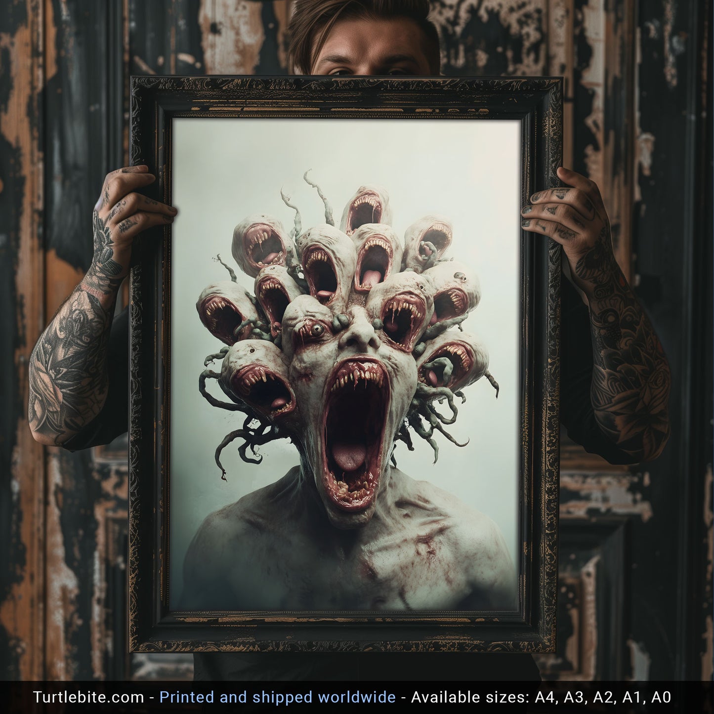 Fierce Multi-Headed Monster Print - Creepy Dark Art Poster - Extra Large Surreal Gory Wall Art