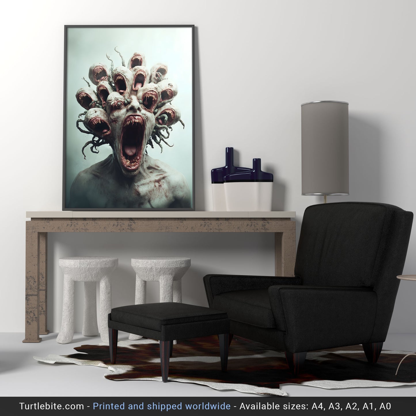 Fierce Multi-Headed Monster Print - Creepy Dark Art Poster - Extra Large Surreal Gory Wall Art