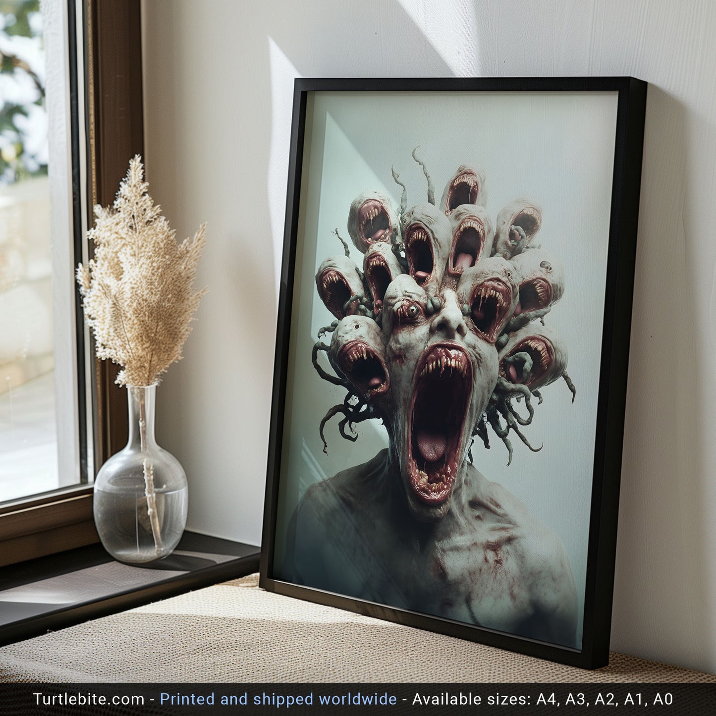 Fierce Multi-Headed Monster Print - Creepy Dark Art Poster - Extra Large Surreal Gory Wall Art