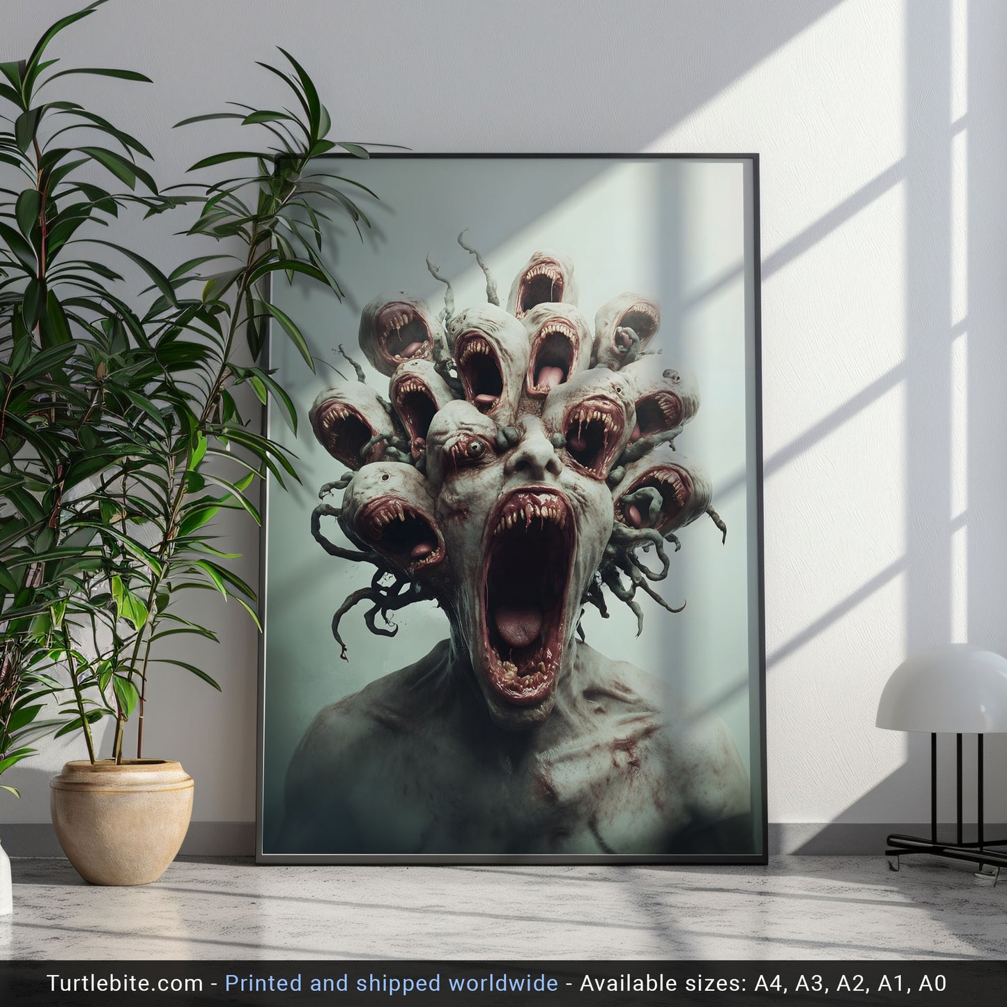 Fierce Multi-Headed Monster Print - Creepy Dark Art Poster - Extra Large Surreal Gory Wall Art