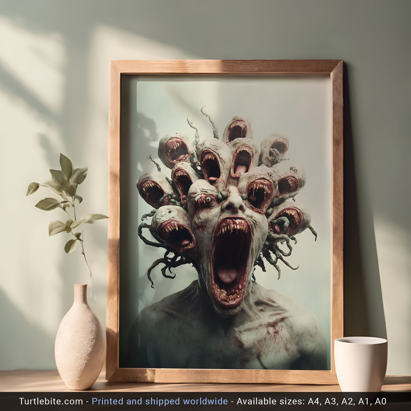 Fierce Multi-Headed Monster Print - Creepy Dark Art Poster - Extra Large Surreal Gory Wall Art