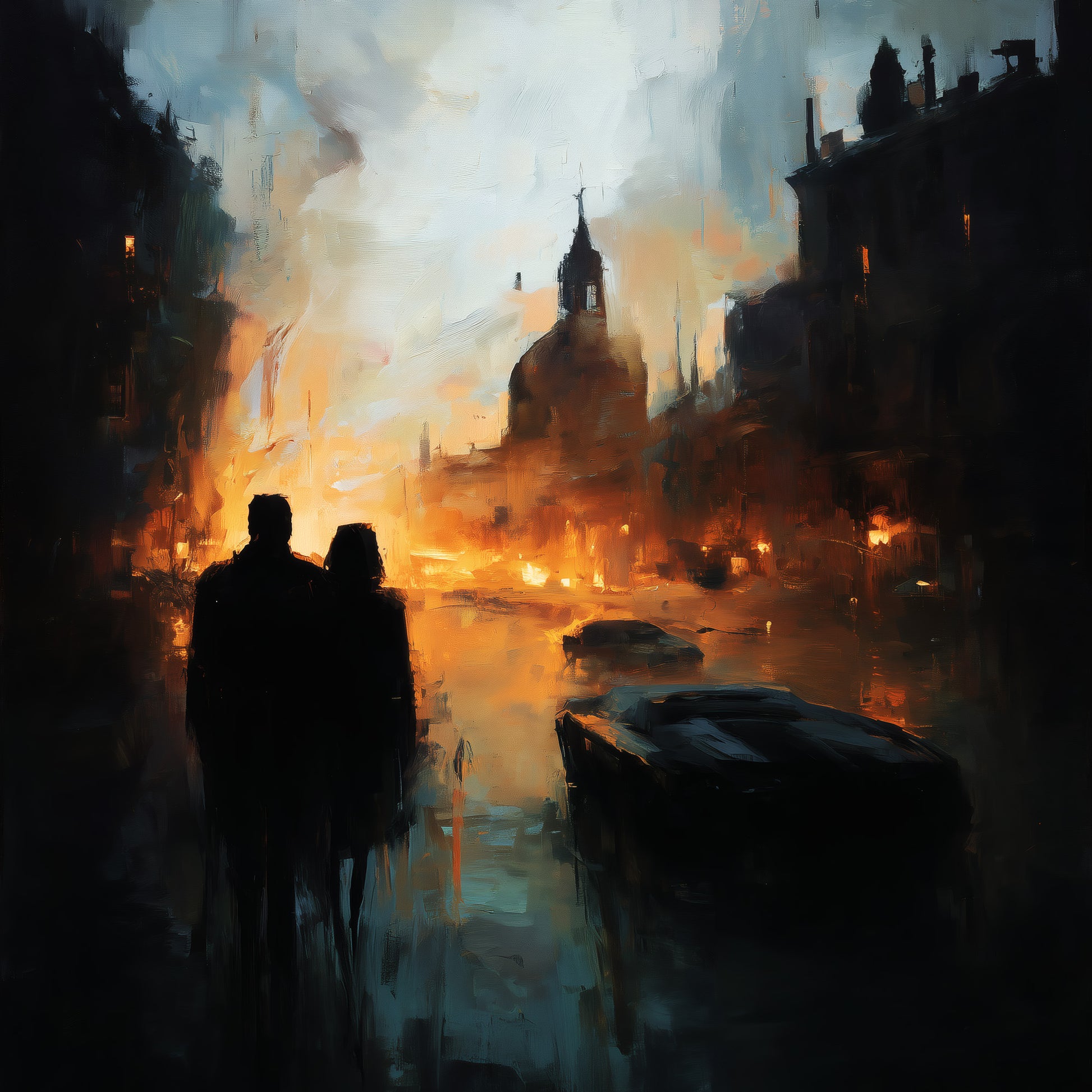 Apocalyptic art print showing two silhouettes watching burning city with cathedral and futuristic cars engulfed in flames