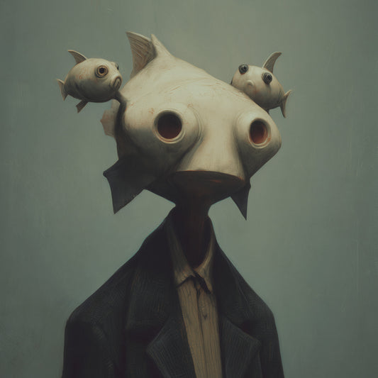 Dark gothic wall art poster showing whimsical portrait of anthropomorphic fish gentleman 