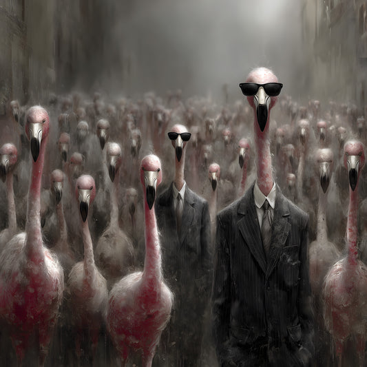 Gothic wall decor poster with creepy flamingo creatures in urban dystopian setting