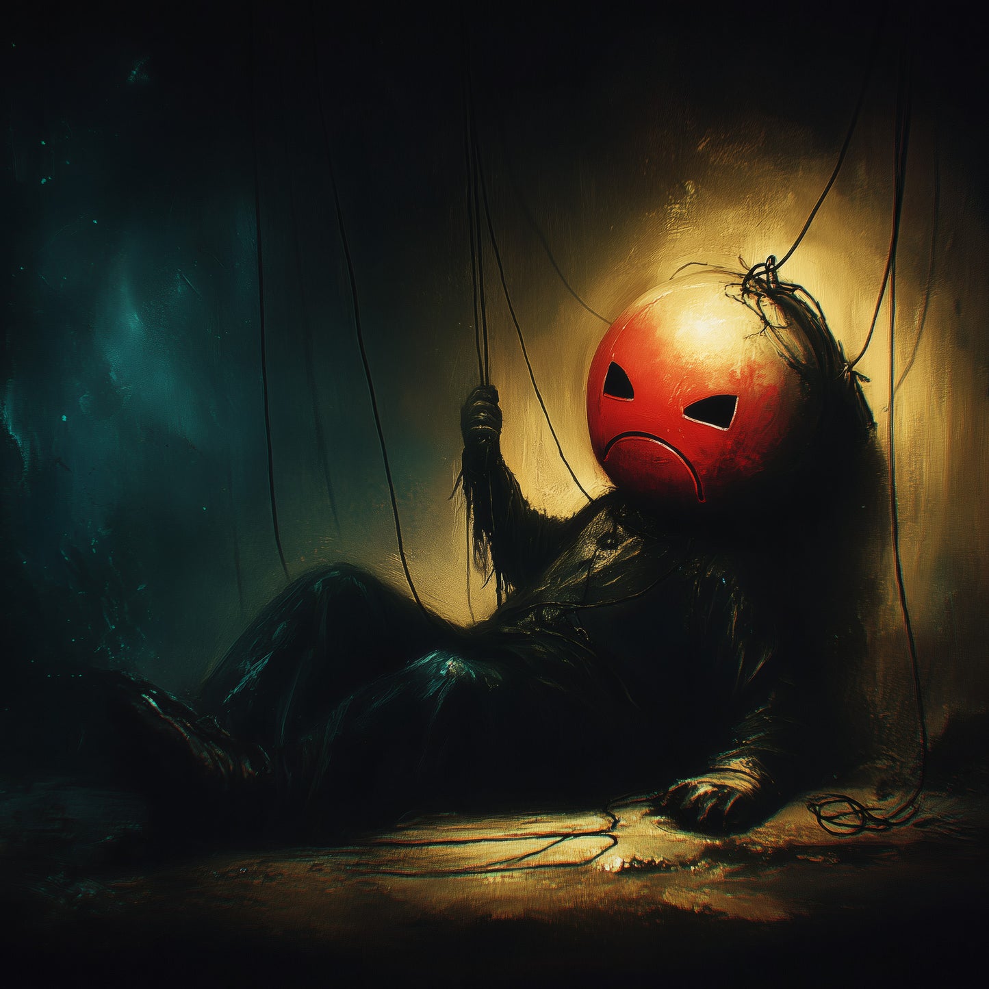 Creepy cute red puppet marionette sitting against wall in dramatic golden and teal lighting for gothic horror poster art