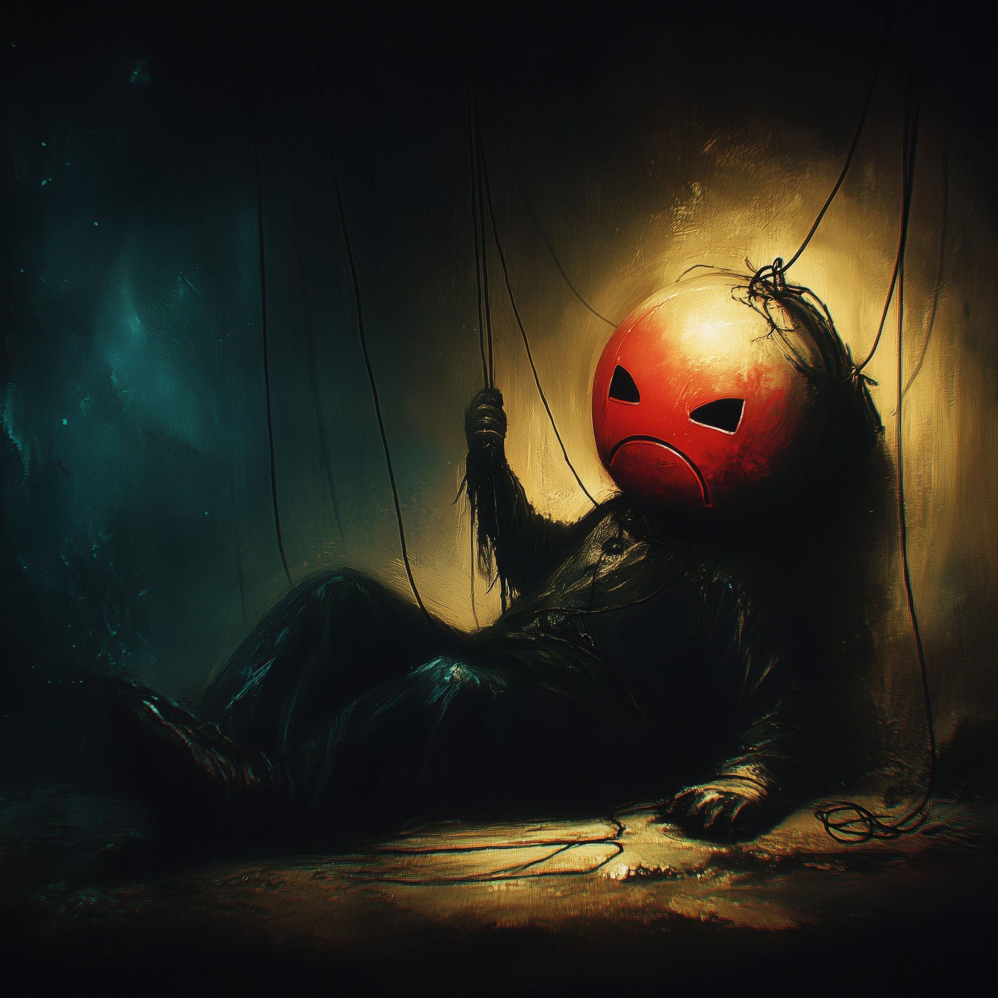 Creepy cute red puppet marionette sitting against wall in dramatic golden and teal lighting for gothic horror poster art