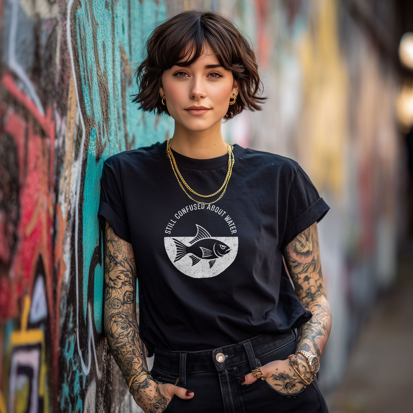 Black t-shirt with white fish graphic and "Still Confused About Water" text for funny conversation starter apparel