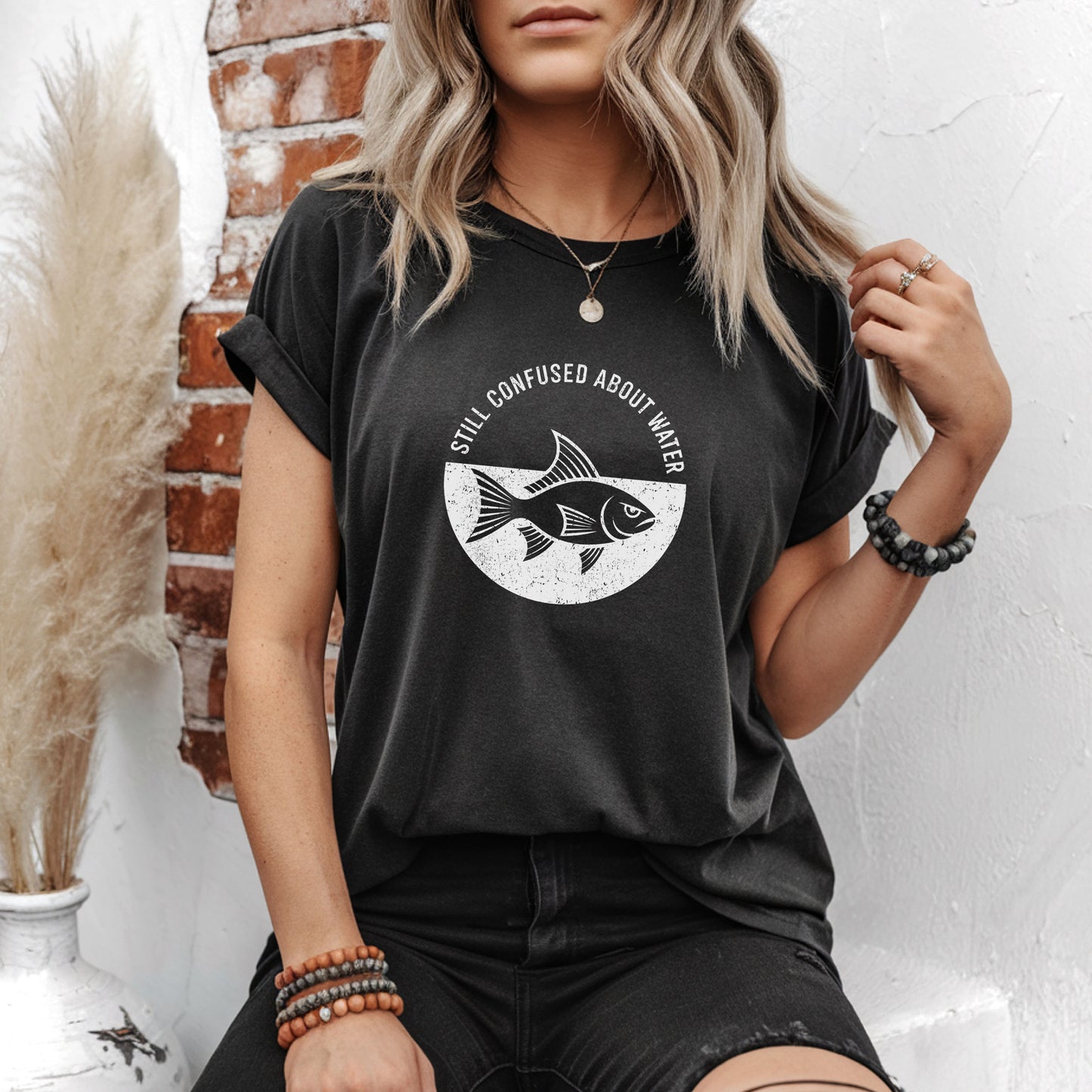 Ironic statement tee with vintage fish illustration - black comedy apparel for existential humor fans