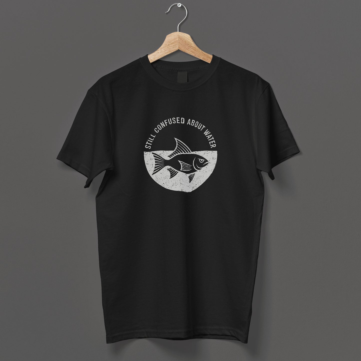 Ironic statement tee with vintage fish illustration - black comedy apparel for existential humor fans