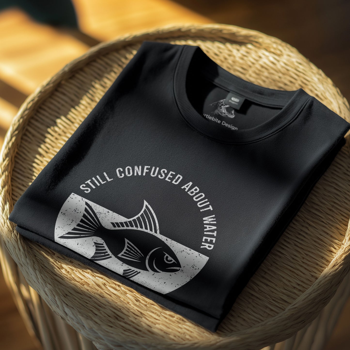 Ironic statement tee with vintage fish illustration - black comedy apparel for existential humor fans