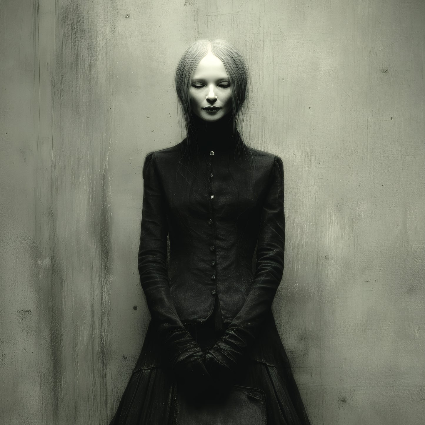 Haunting portrait print of ethereal gothic woman in dark Victorian clothing for home decor