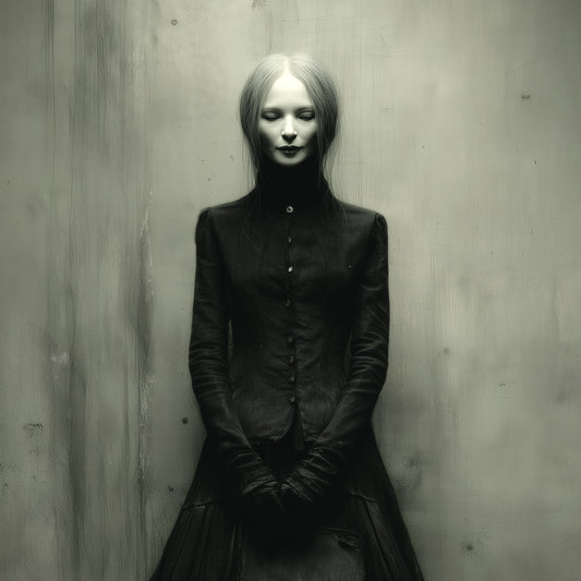 Haunting portrait print of ethereal gothic woman in dark Victorian clothing for home decor