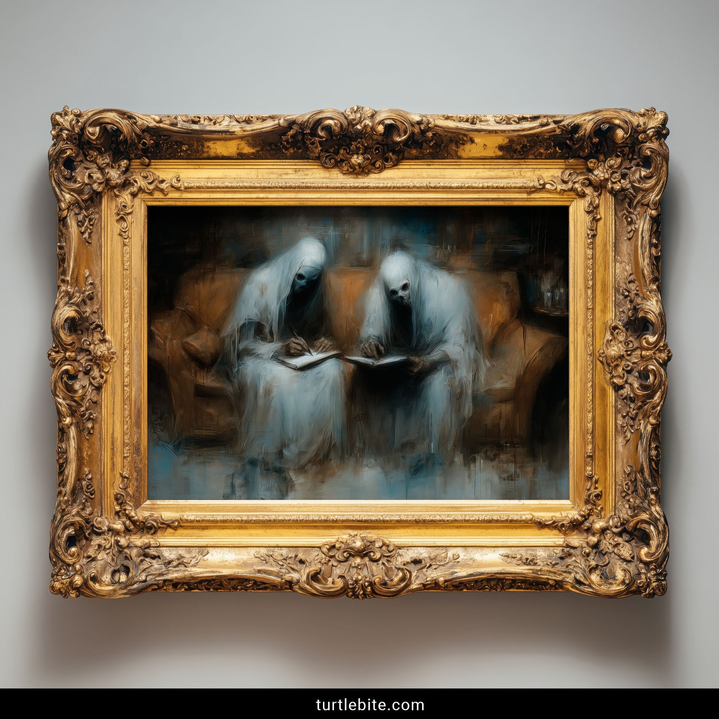 Two hooded ghost figures sitting on sofa writing and reading journals in haunting painterly style