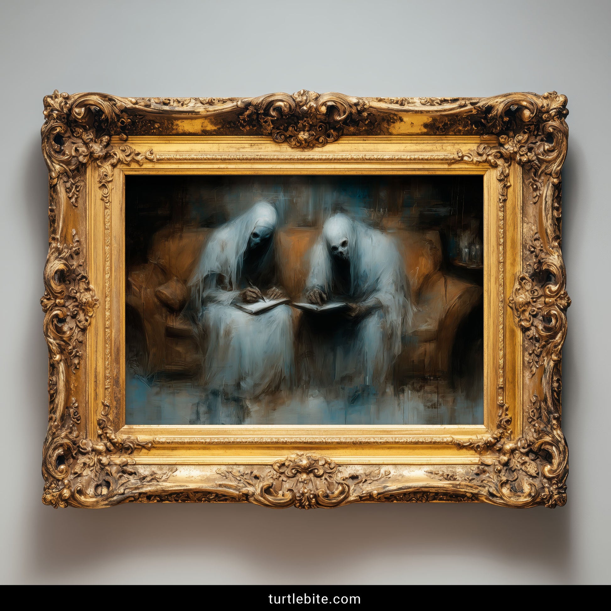 Two hooded ghost figures sitting on sofa writing and reading journals in haunting painterly style