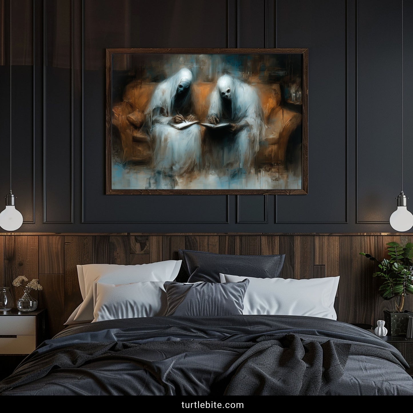 Creepy gothic wall decor depicting ghostly writers on vintage sofa in amber and teal tones
