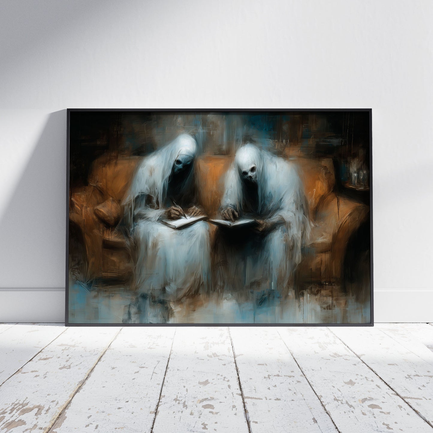 Two hooded ghost figures sitting on sofa writing and reading journals in haunting painterly style