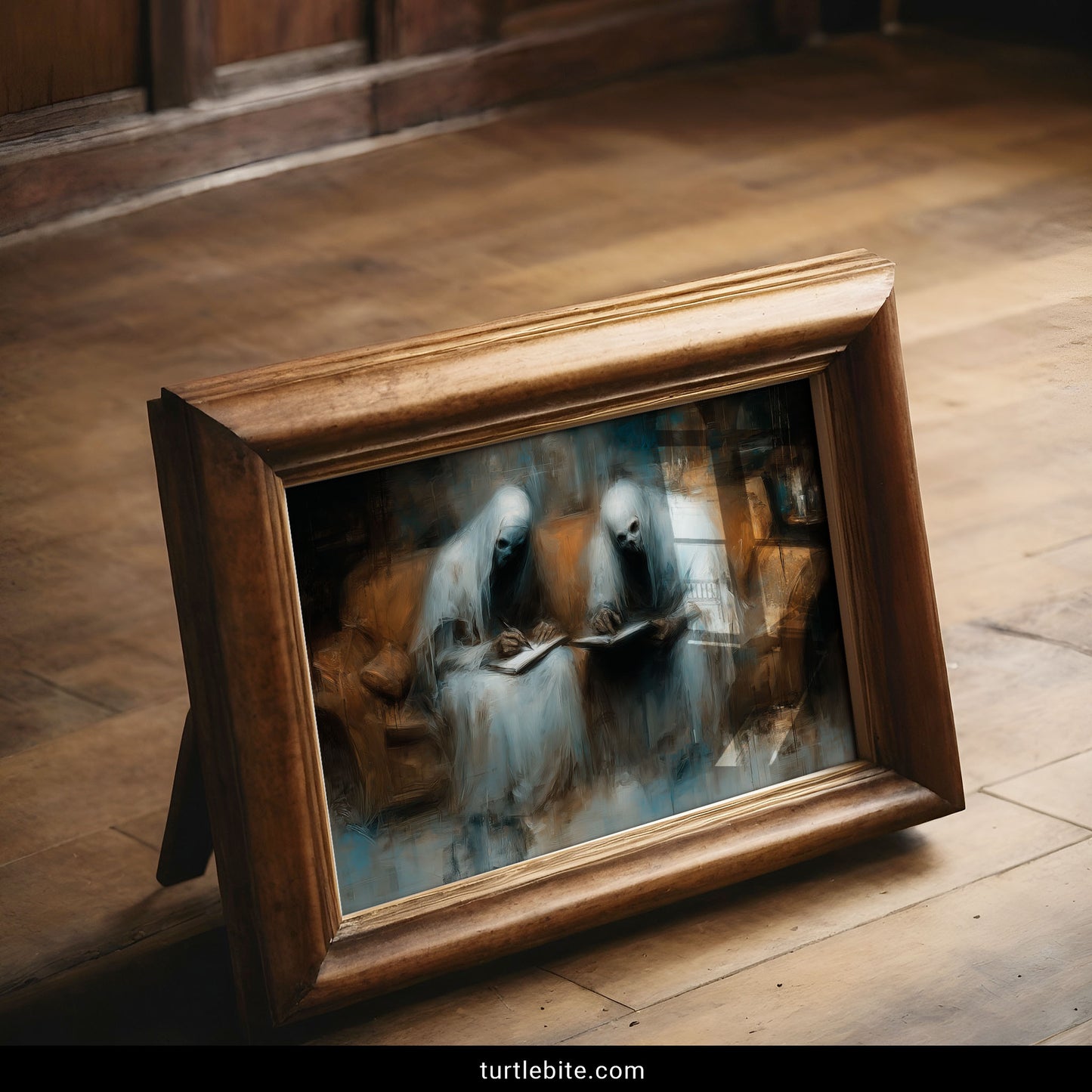 Dark academia horror poster with phantom figures journaling together in moody atmospheric scene