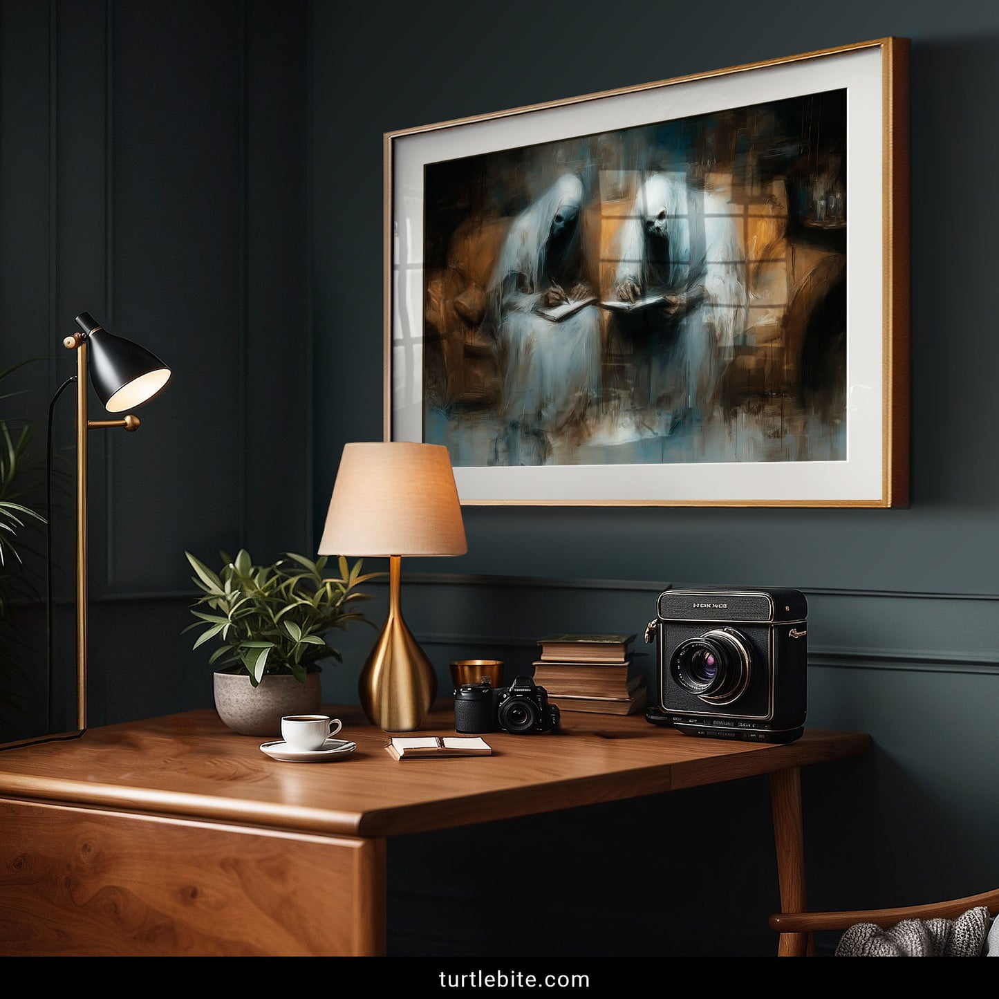 Dark academia horror poster with phantom figures journaling together in moody atmospheric scene