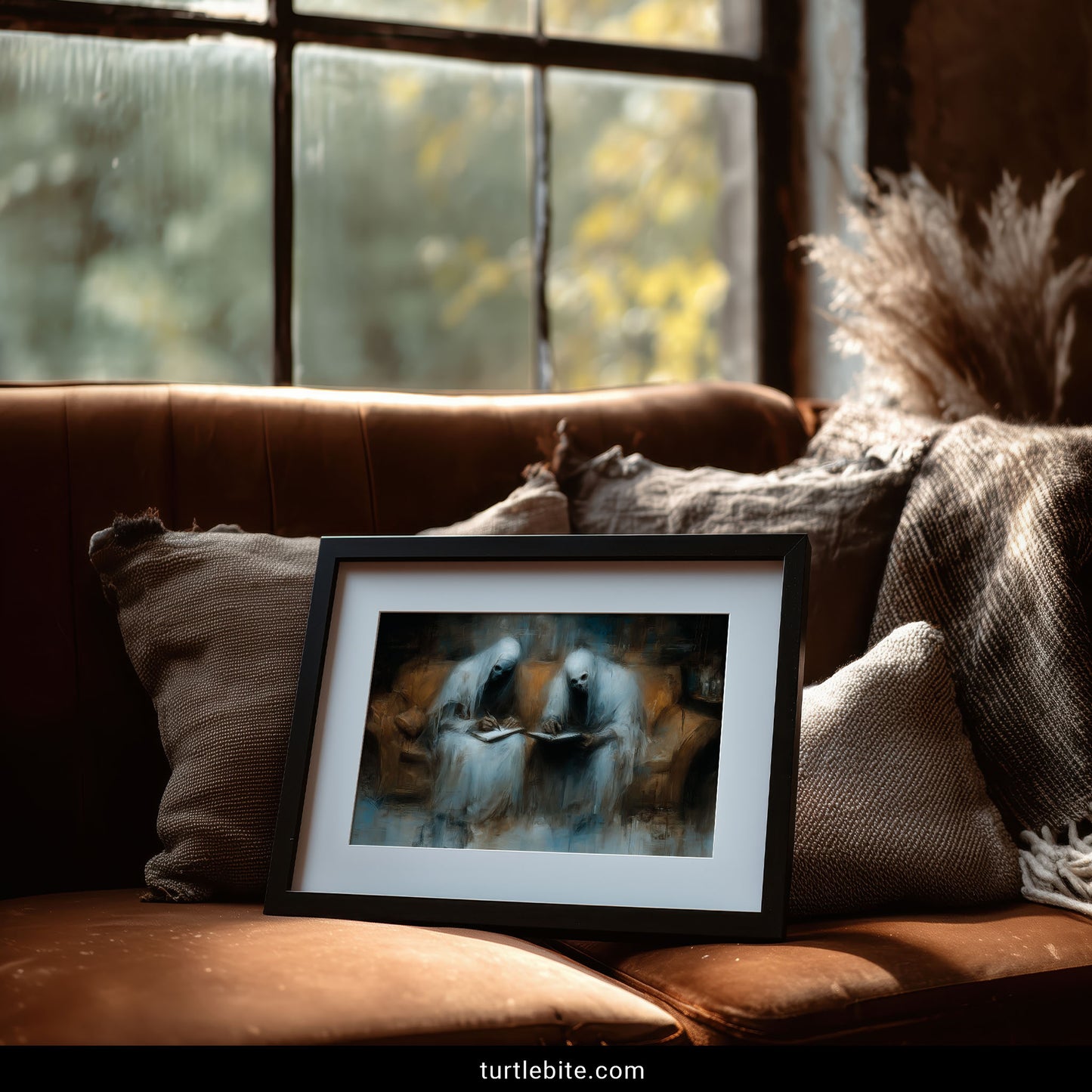 Macabre art print featuring skeletal spirits on couch engaged in quiet reading and writing