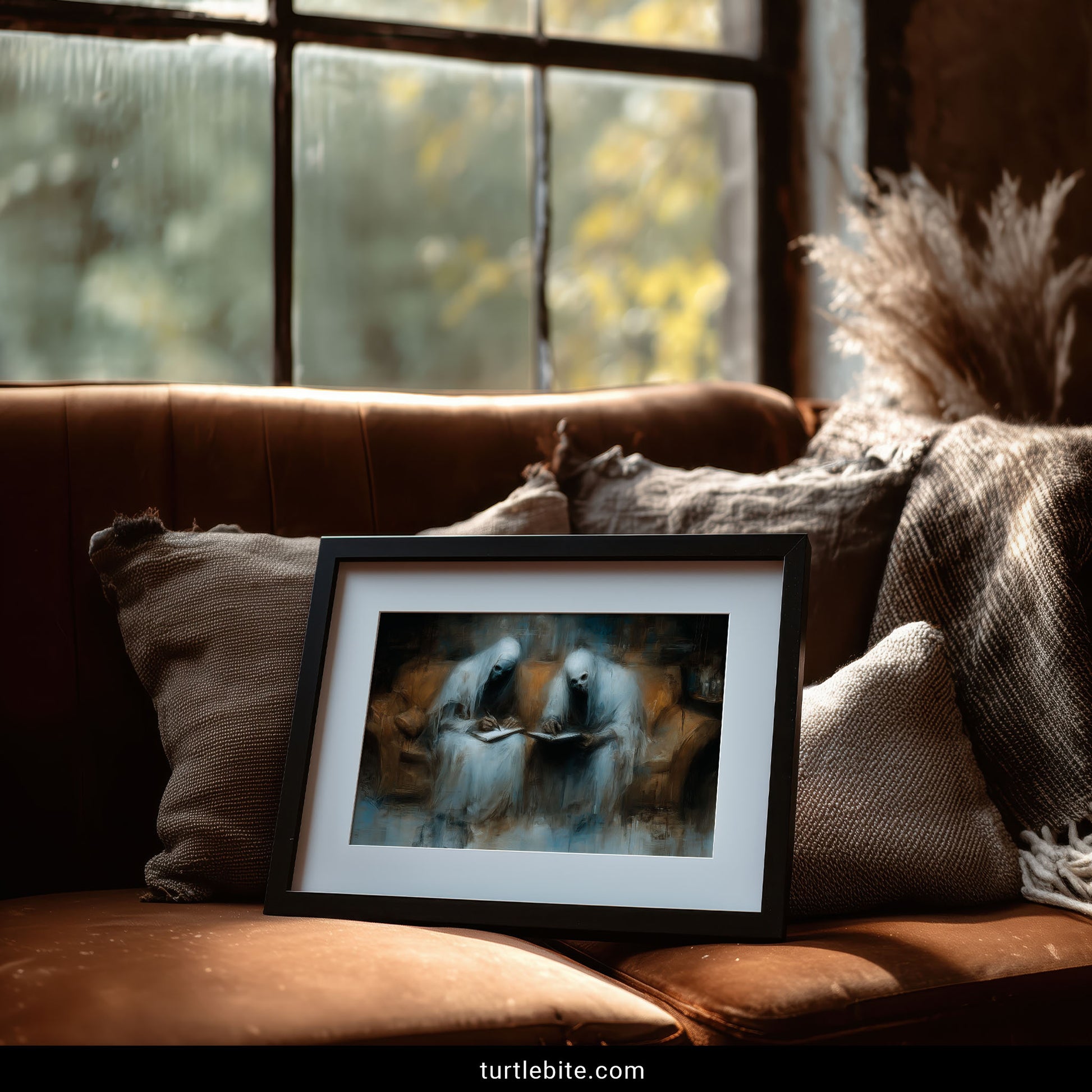 Macabre art print featuring skeletal spirits on couch engaged in quiet reading and writing
