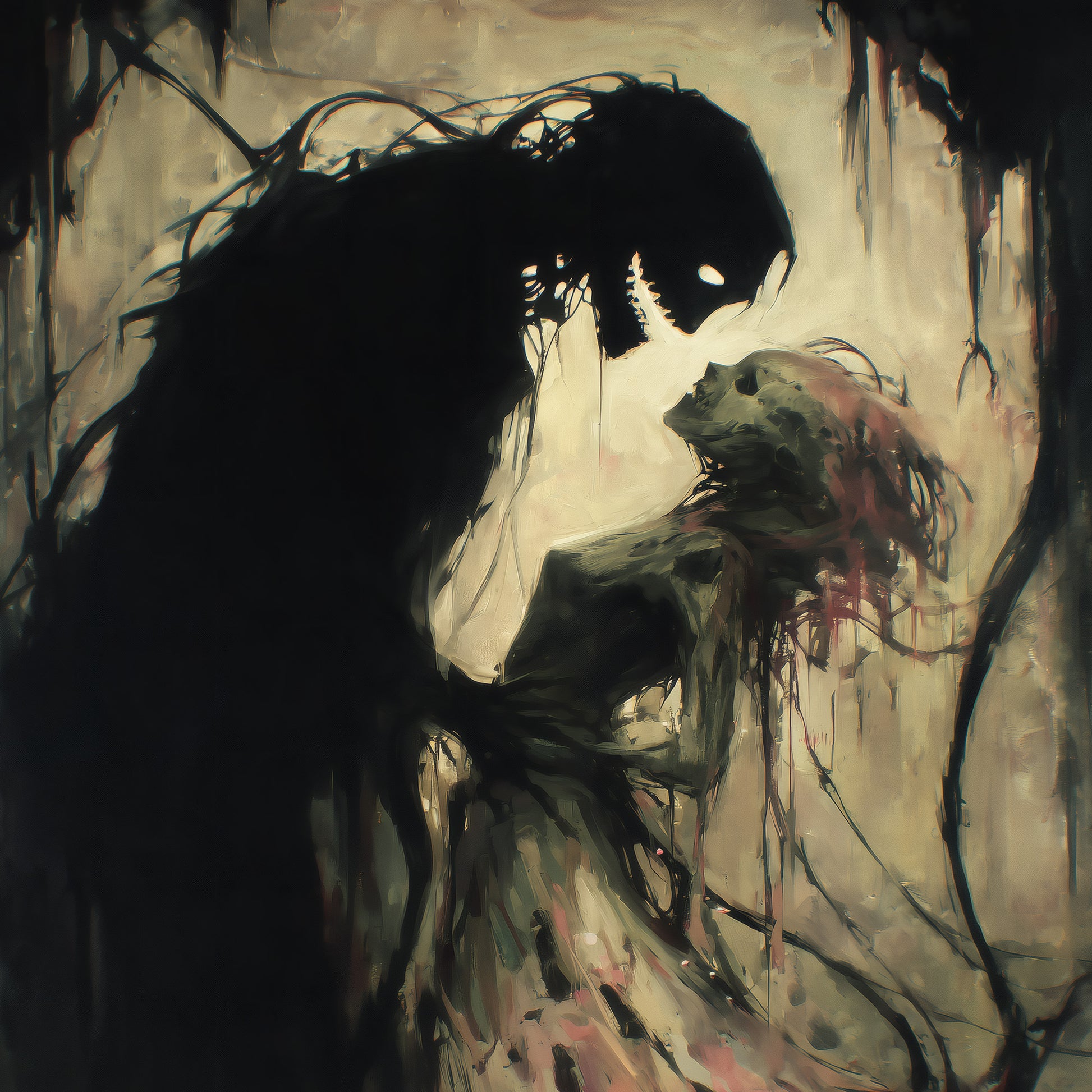 Gothic romance ghost art print showing ethereal couple embracing in haunting supernatural love scene