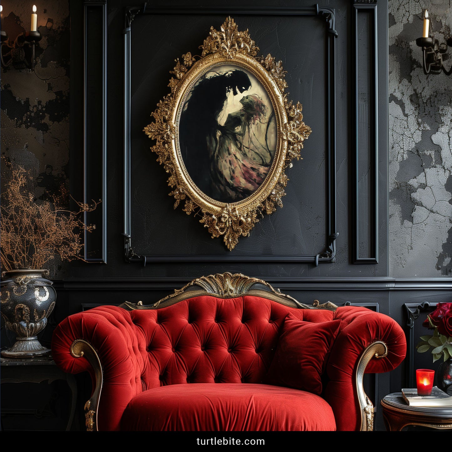 Supernatural couple art print with painterly ghosts in intimate embrace against moody background