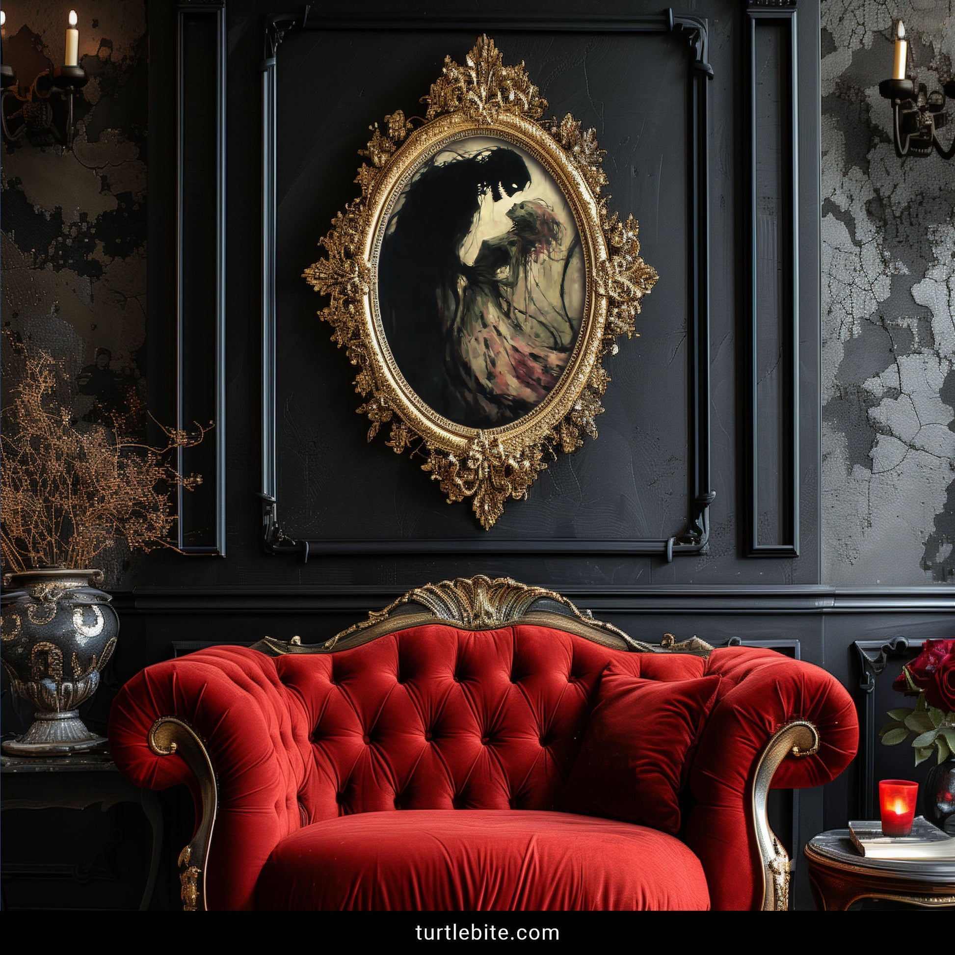 Supernatural couple art print with painterly ghosts in intimate embrace against moody background