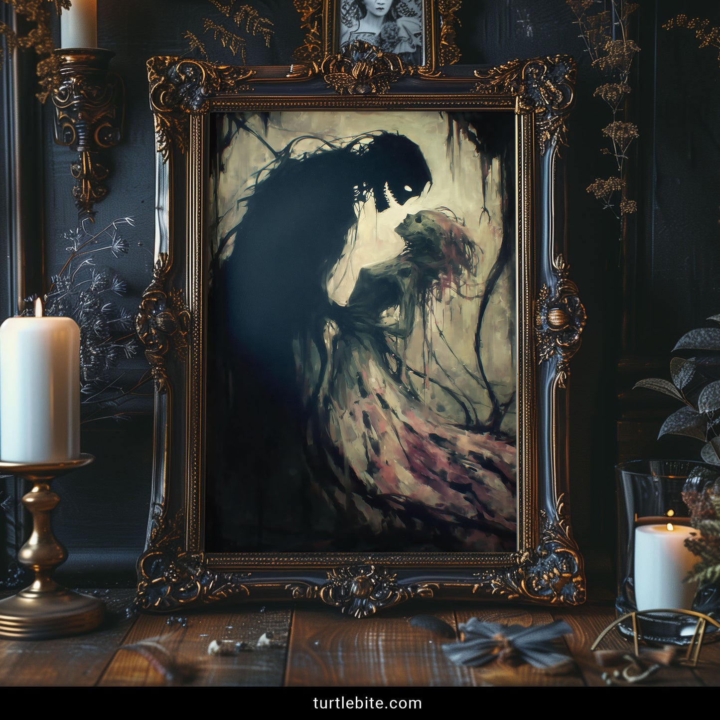 Dark love poster featuring shadowy and translucent ghost figures in melancholic romantic embrace