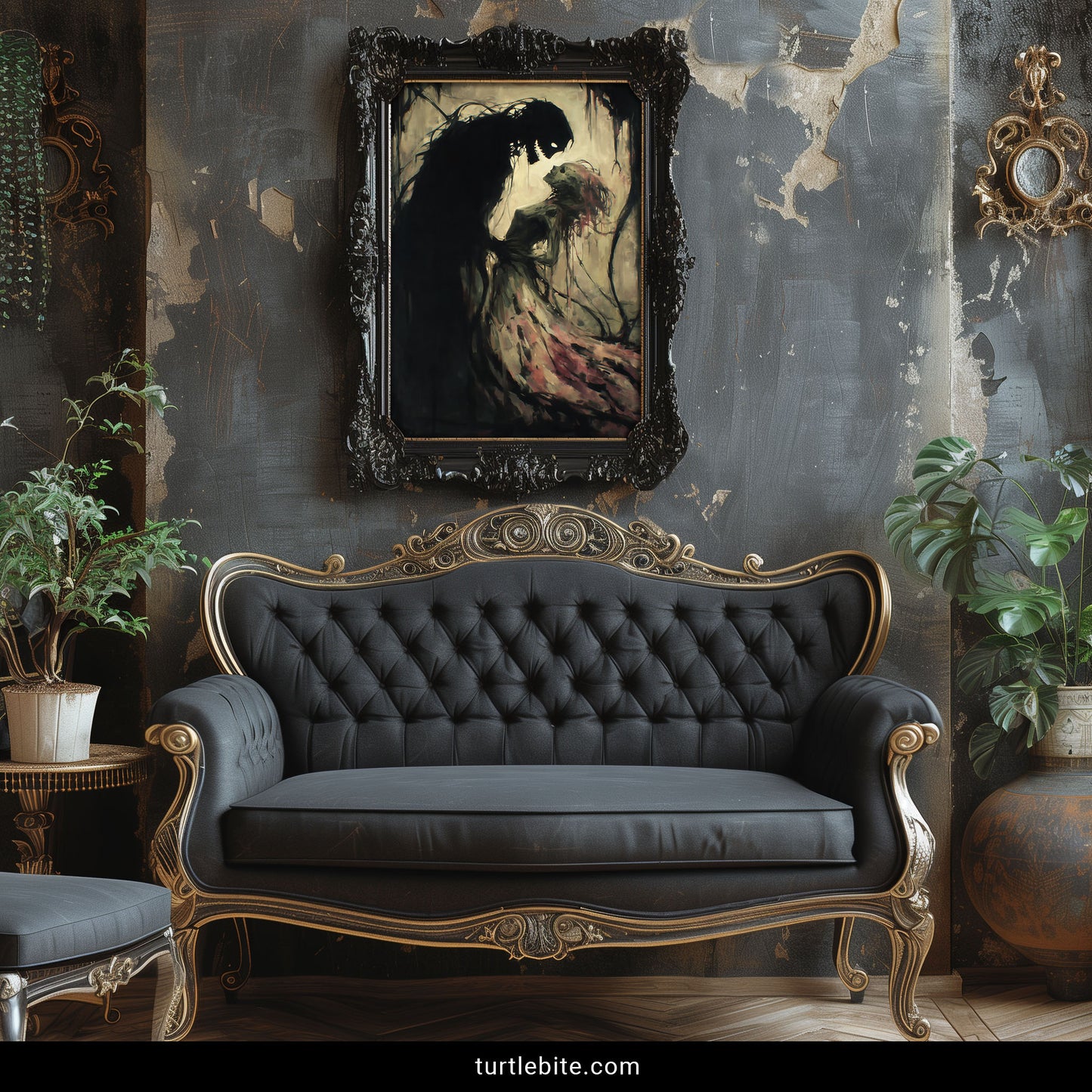 Haunting romantic horror poster depicting eternal love between shadowy and ethereal ghost figures