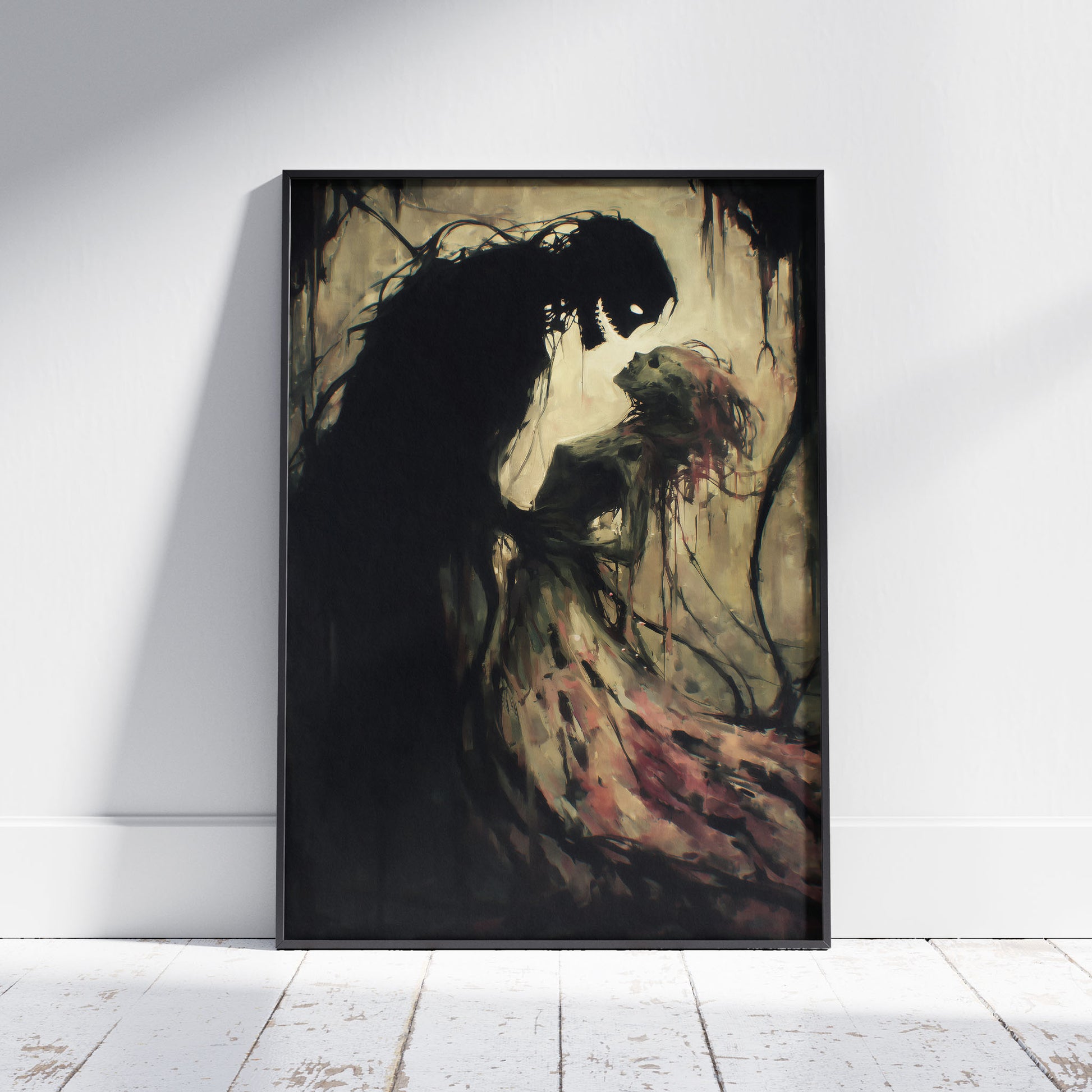 Gothic romance ghost art print showing ethereal couple embracing in haunting supernatural love scene