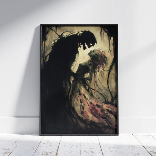 Gothic romance ghost art print showing ethereal couple embracing in haunting supernatural love scene