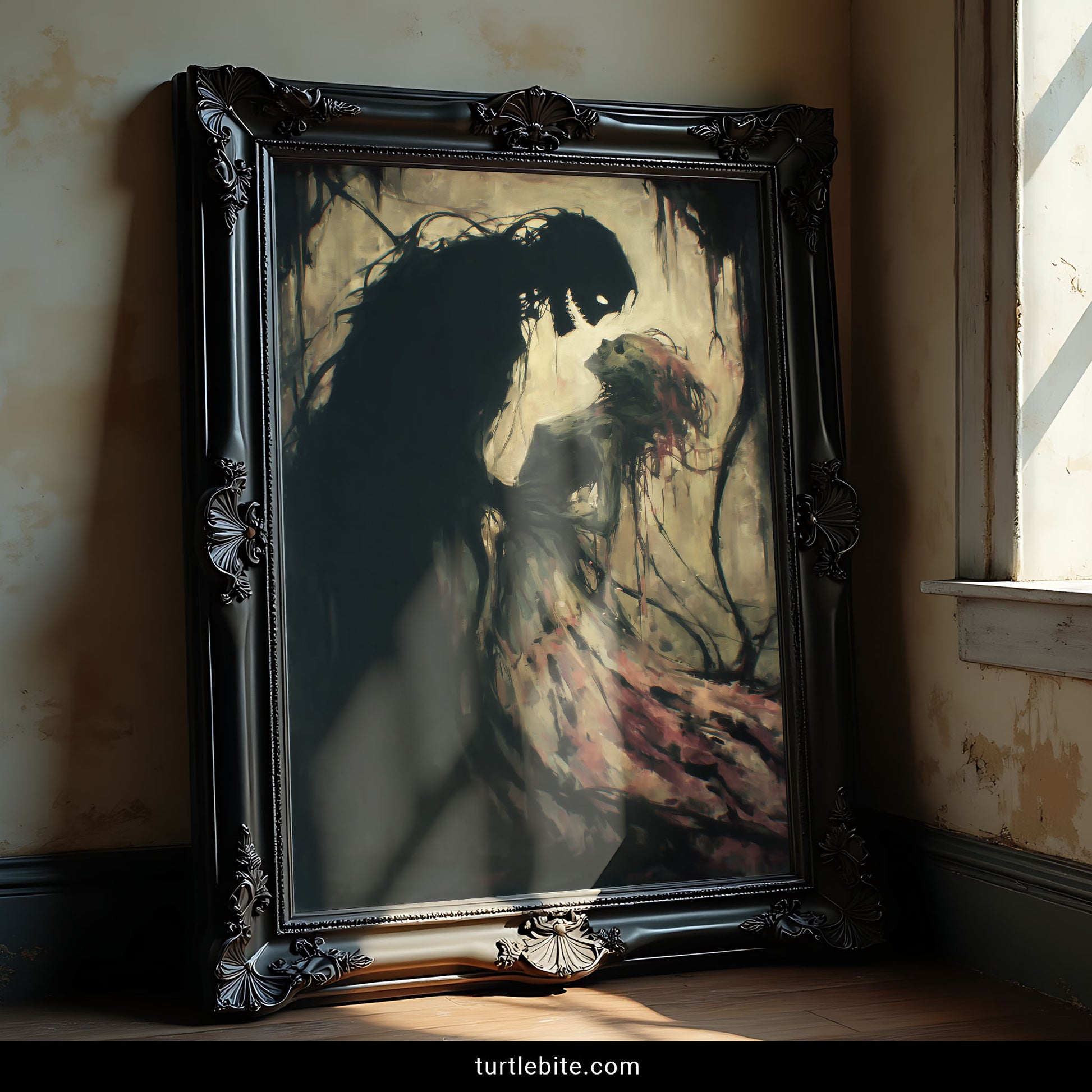 Haunting romantic horror poster depicting eternal love between shadowy and ethereal ghost figures