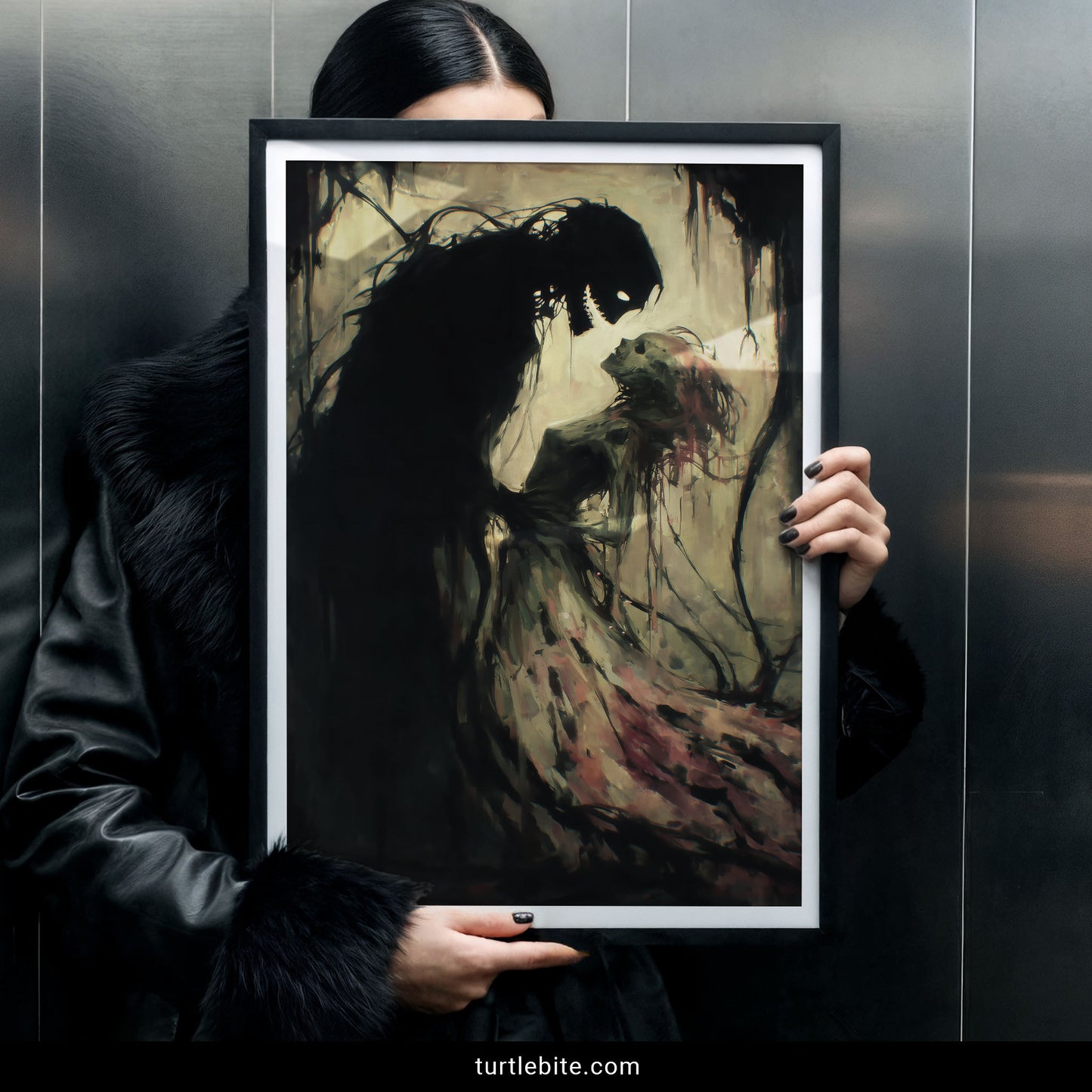 Supernatural couple art print with painterly ghosts in intimate embrace against moody background