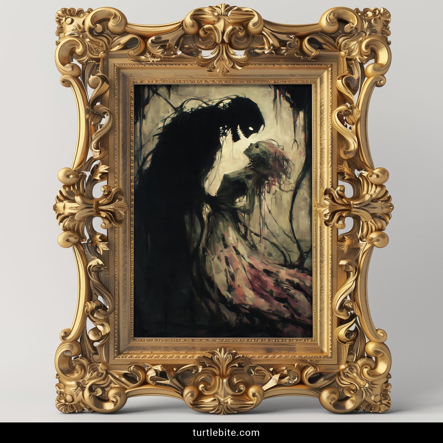 Memento mori wall art with spectral lovers in atmospheric gothic romance painting style