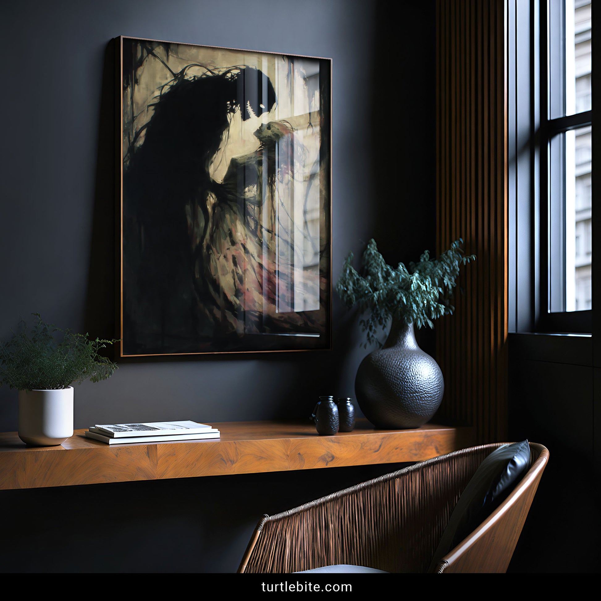 Dark love poster featuring shadowy and translucent ghost figures in melancholic romantic embrace