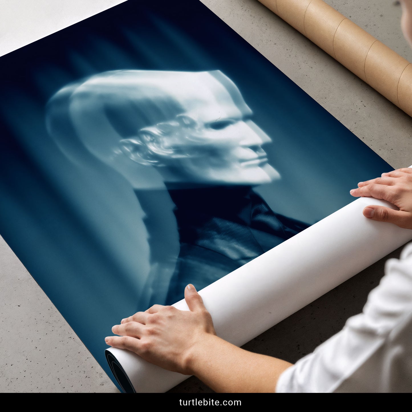 Surreal ghost picture of a dissolving gentleman in suit and tie, dark art print for horror collectors