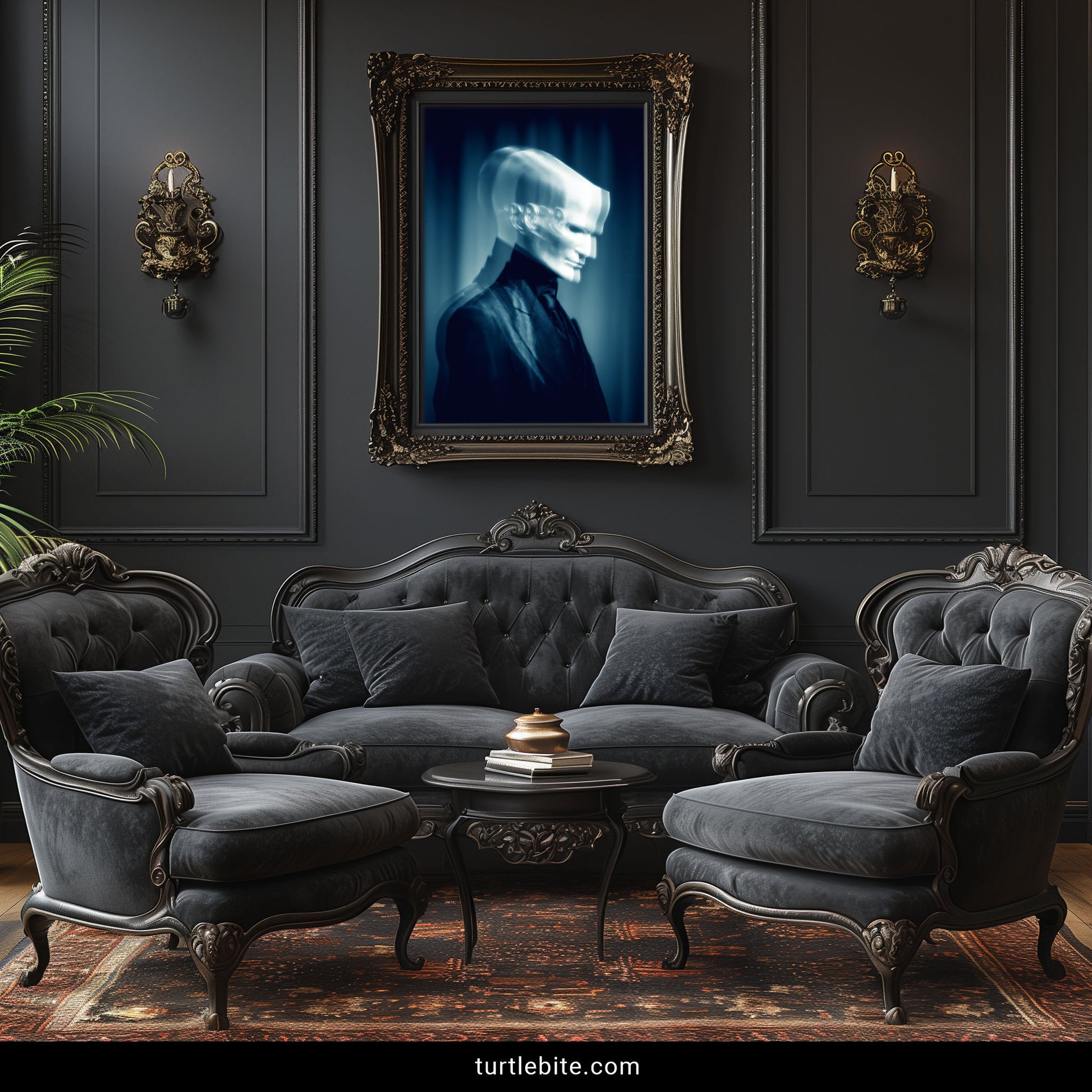 Creepy ghost wall art featuring a pale blurred figure in formal wear, cinematic horror print