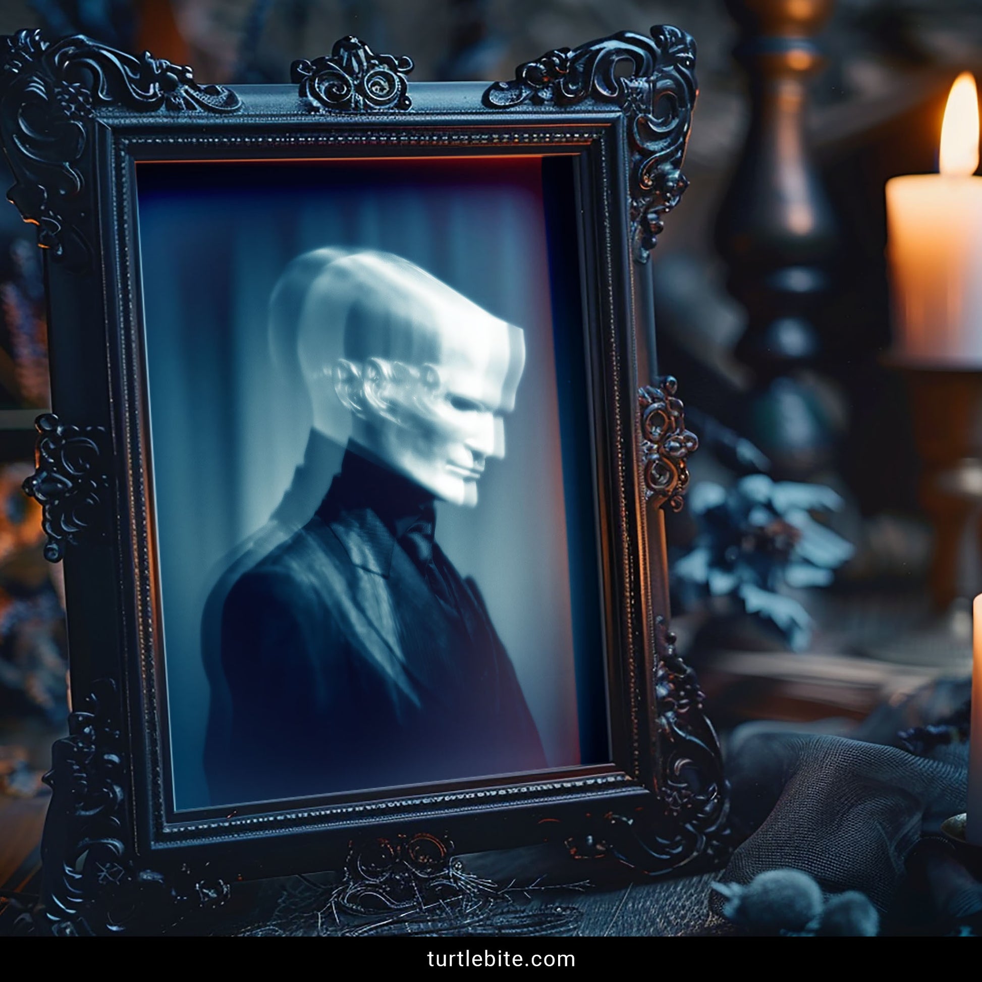 Haunting ghost portrait poster with motion blur effect, eerie spooky wall art for gothic home decor