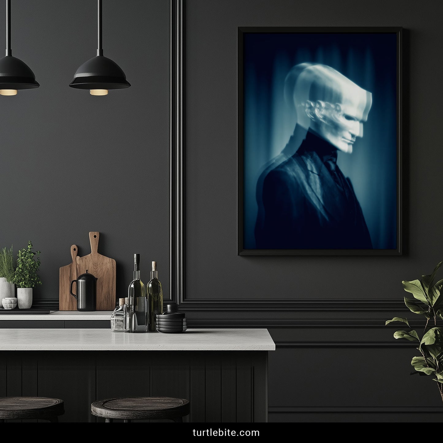 Moody blue ghost poster with ghostly double-exposure face effect, disturbing dark art wall decor