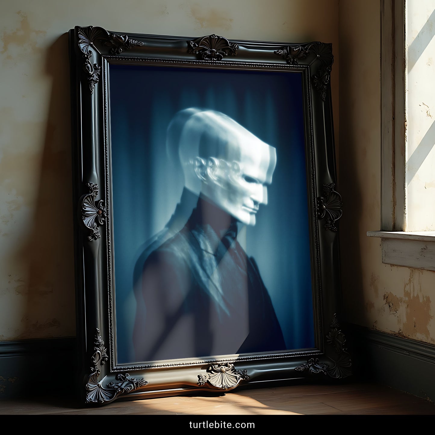 Moody blue ghost poster with ghostly double-exposure face effect, disturbing dark art wall decor