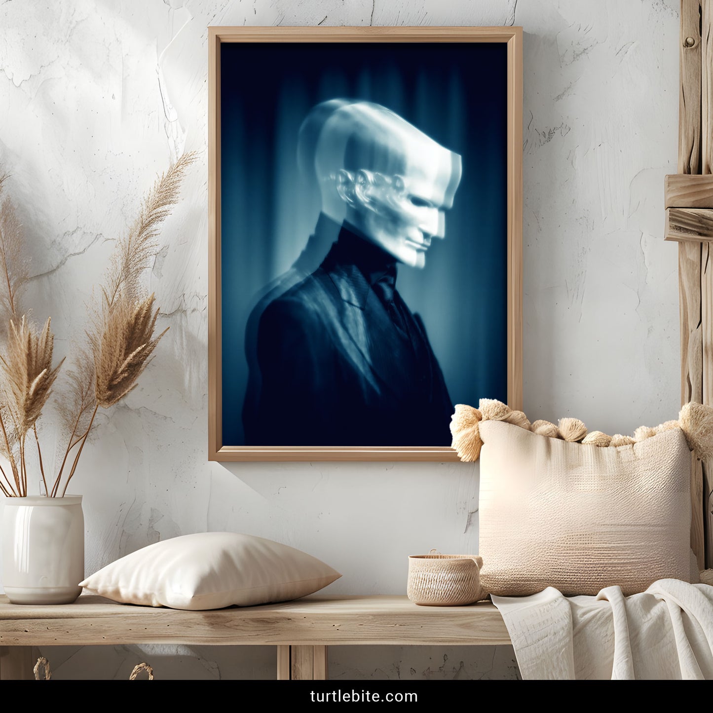 Creepy ghost wall art featuring a pale blurred figure in formal wear, cinematic horror print