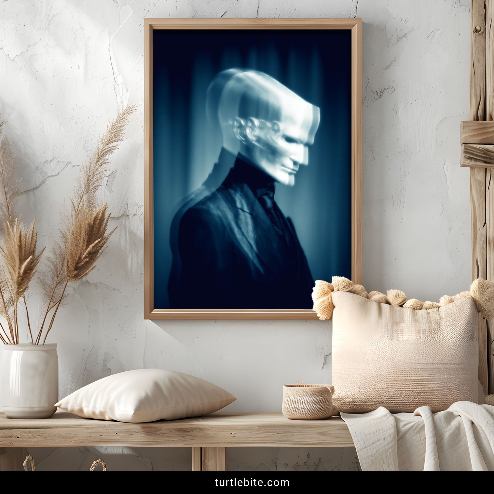 Creepy ghost wall art featuring a pale blurred figure in formal wear, cinematic horror print